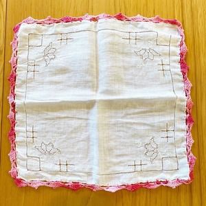 Vintage Handkerchief Hanky Ladder Pull Work Flowers Pink Crochet Edge Linen 11"